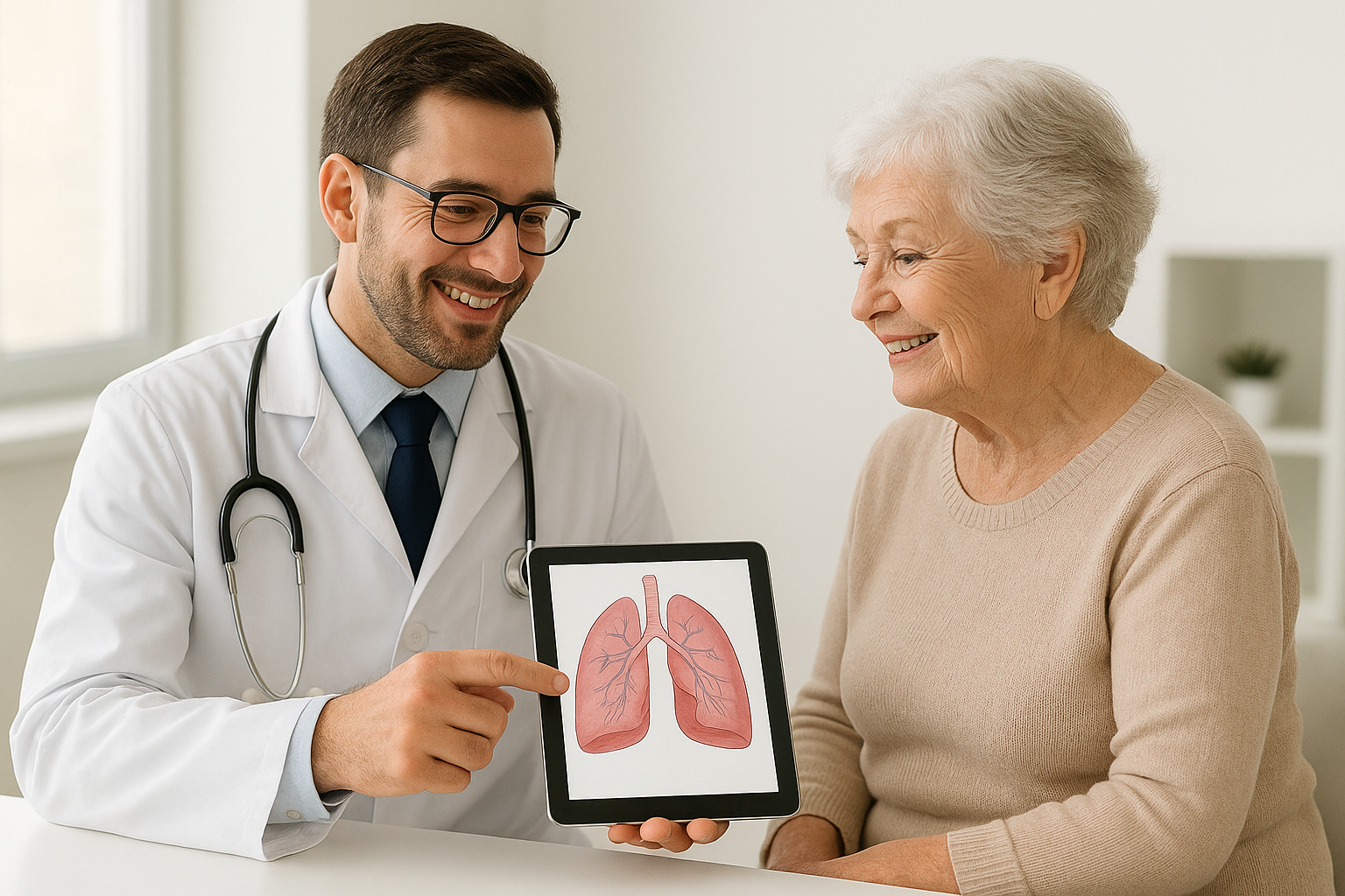 طبيب مع مريض يشرح على تابلت